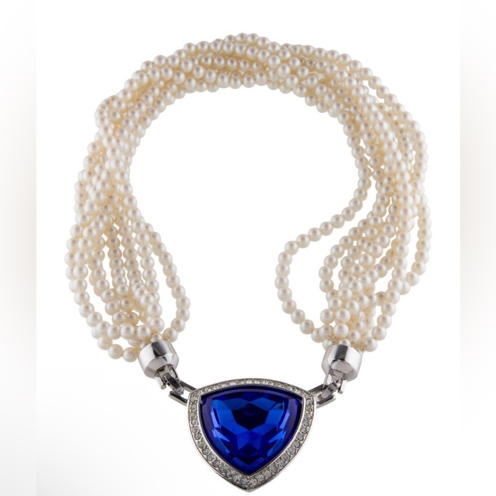 Yves Saint Laurent YSL Multilayer Pearl w/ Large Blue Pendant Necklace